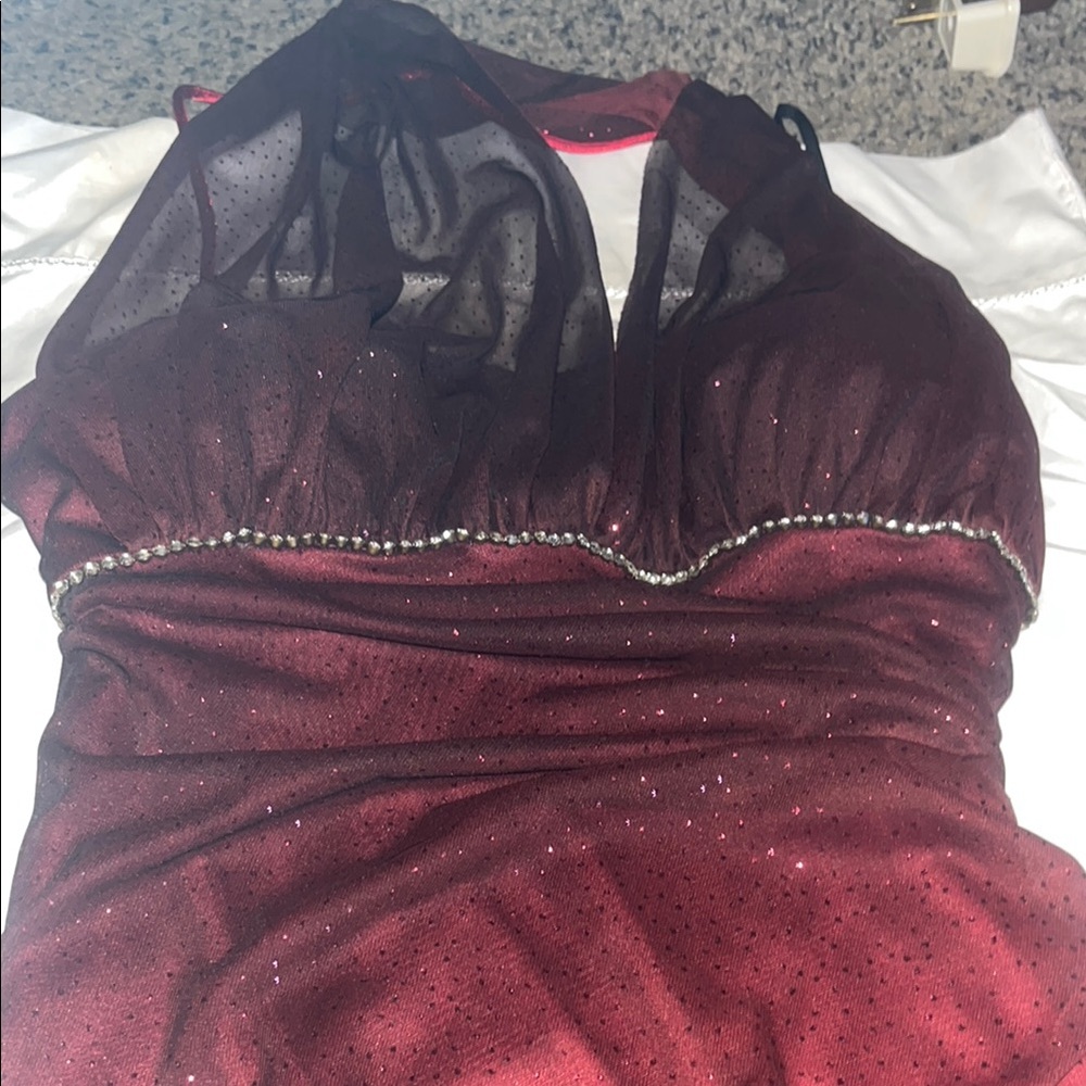 Elegant Burgundy Evening Dress with Sheer Overlay